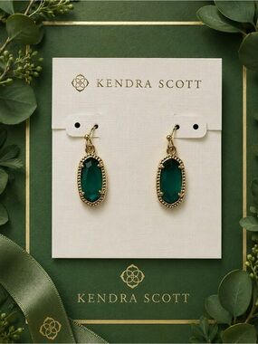 Kendra Scott Gold Drop Earrings with Deep Emerald Green Stones